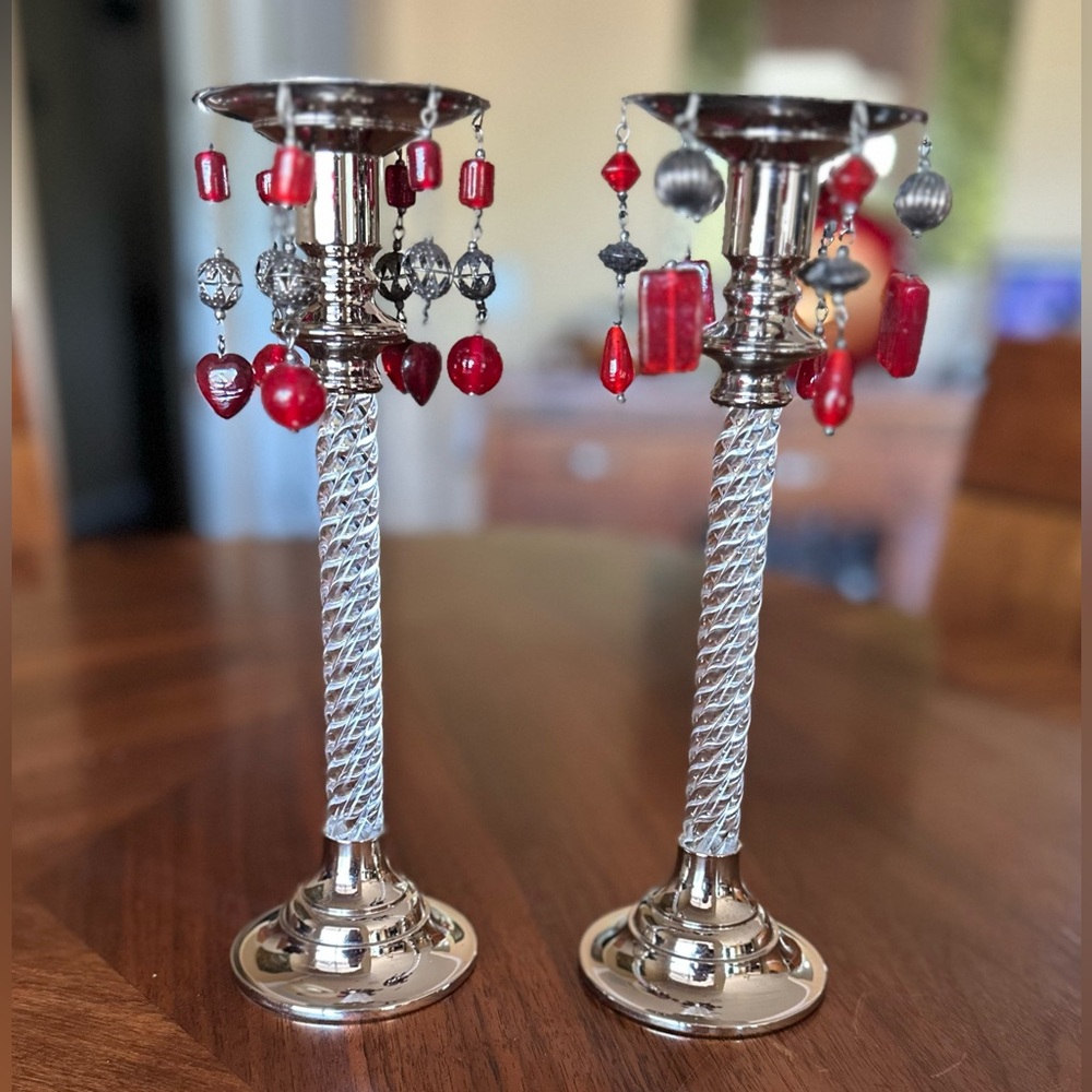 Pair Vintage Taper Candle Sticks w/removable decorated metal candle skirts.
